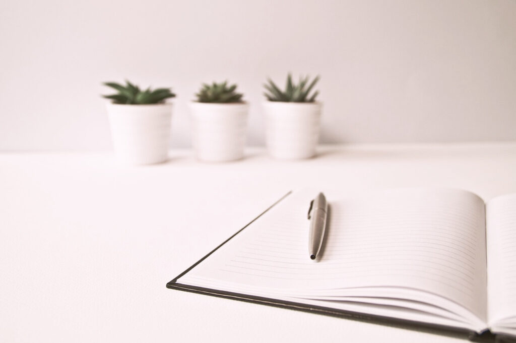 Fanny Pfinder coach. Carnet et stylo pour prise de contact sur bureau avec trois plantes grasses dans pot de fleur blanc en arrière plan.